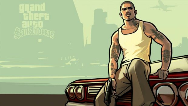 A detailed illustration of the main character from Grand Theft Auto San Andreas holding a gun next to a car