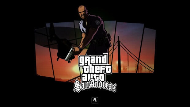 A Grand Theft Auto San Andreas character in police uniform holding a gun at sunset
