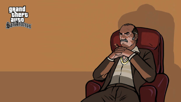 A serious man from Grand Theft Auto San Andreas sitting in a chair with hands clasped together