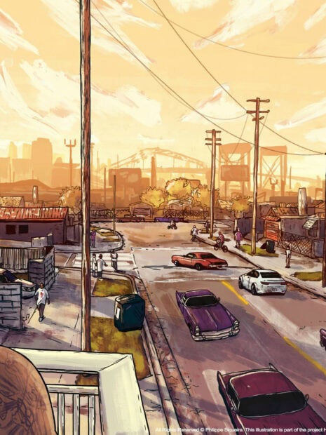 A street scene with cars and pedestrians in Grand Theft Auto San Andreas game environment