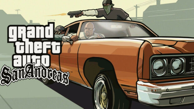 Gang members driving a car with one shooting a gun in Grand Theft Auto San Andreas