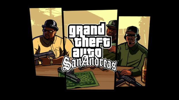 Three gangsters from Grand Theft Auto San Andreas sitting with weapons and money on the table