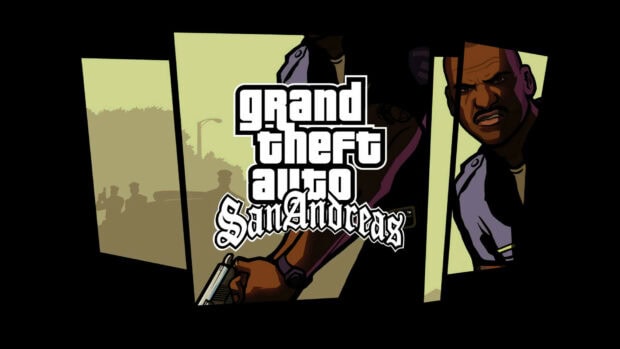 A character from Grand Theft Auto San Andreas holding a gun in a stylized scene