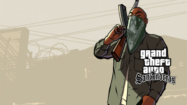 A character from Grand Theft Auto San Andreas holding a rifle with a bandana over his face