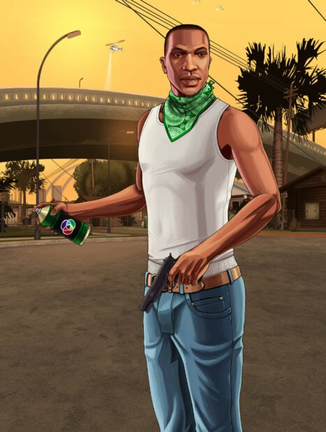 A character from Grand Theft Auto San Andreas holding a spray can and gun in a street scene with an urban background
