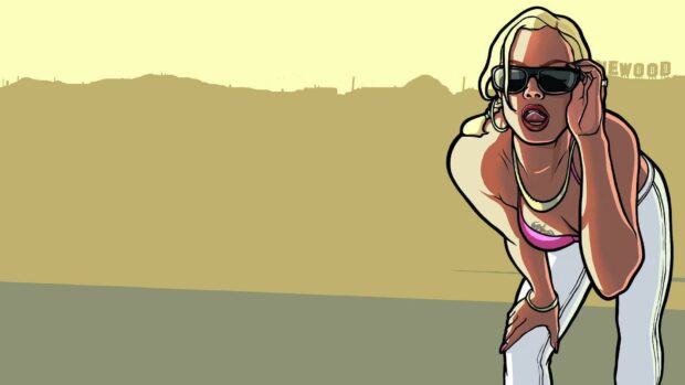 A character from Grand Theft Auto San Andreas wearing sunglasses and white pants posing against a cityscape background