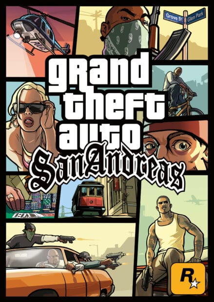 A collage of characters and scenes featuring the San Andreas cityscape and action in Grand Theft Auto San Andreas