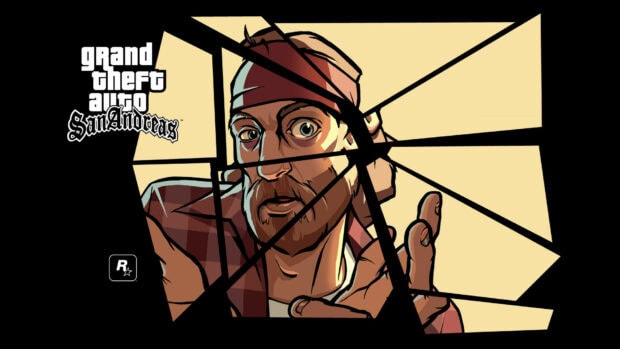 A detailed illustration of a character from Grand Theft Auto San Andreas with shattered glass effects