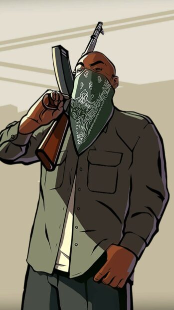 A masked character from Grand Theft Auto San Andreas holding a rifle and wearing a green bandana