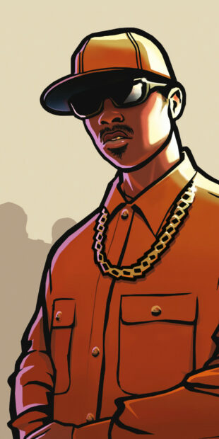 The character from Grand Theft Auto San Andreas wears a hat sunglasses and gold chain in a stylized artwork