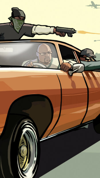 A man driving a car while another man with a bandana fires a gun from the vehicle in Grand Theft Auto San Andreas