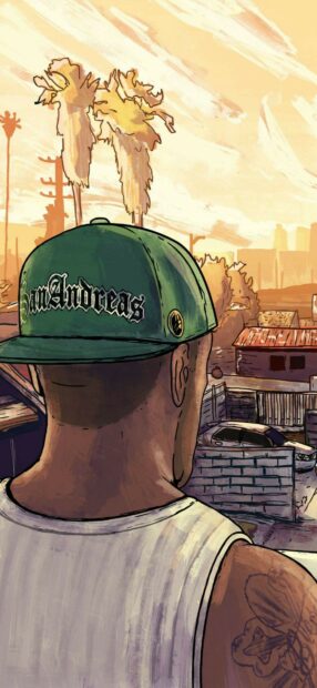 A man wearing a green San Andreas cap looks over a neighborhood with palm trees and houses