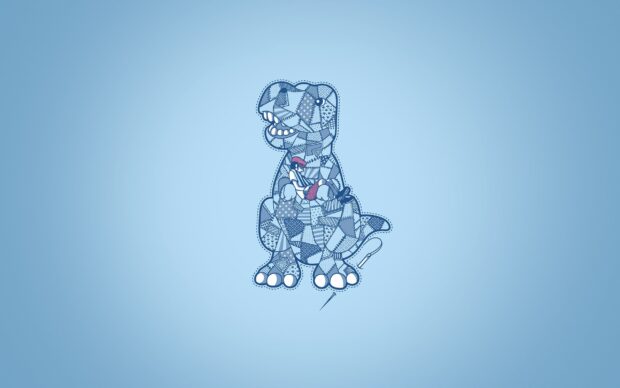 A patchwork dinosaur graphic featuring a person resting inside the pattern on a blue background