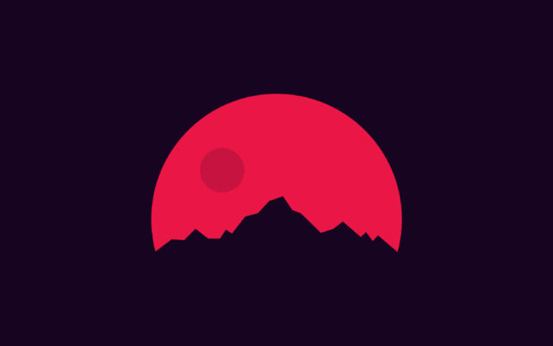 Minimalist graphic with mountain silhouettes and a red sun in the dark sky