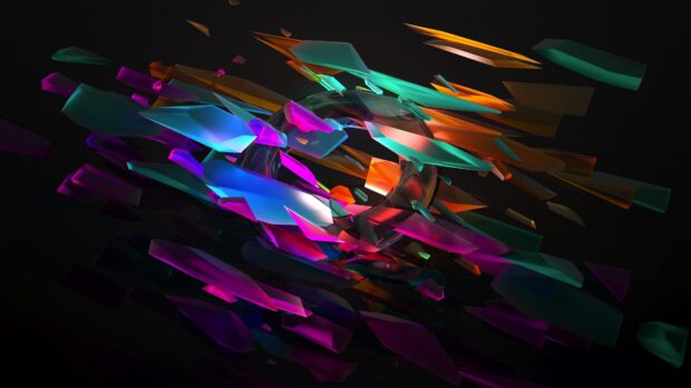 Colorful digital graphic with vibrant geometric shapes floating on black background