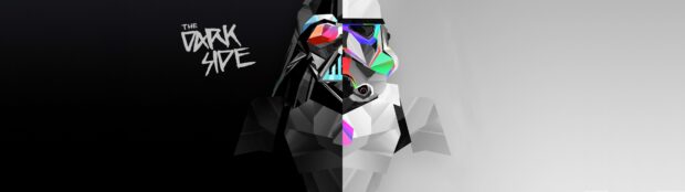 A geometric graphic of a stormtrooper helmet with colorful reflective details on a dark and light split background