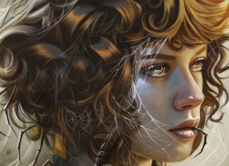 A woman with curly hair intertwined with spider webs and a large spider resting on her hair