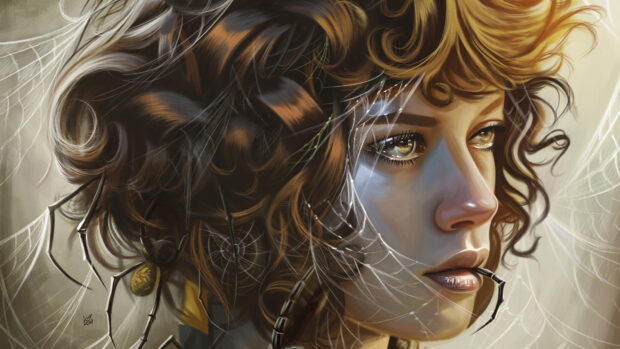 A woman with curly hair intertwined with spider webs and a large spider resting on her hair