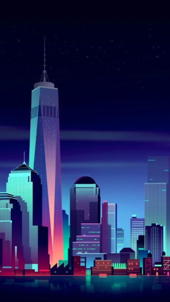 Vibrant cityscape graphic with futuristic night skyline and glowing skyscrapers