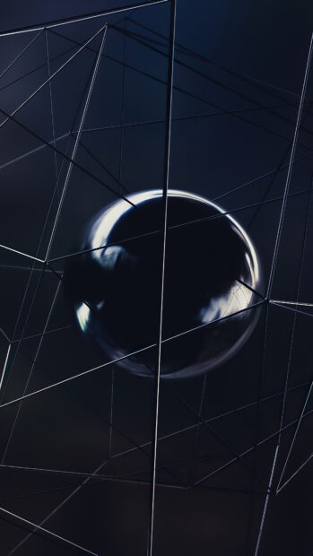 Dark sphere entangled in thin geometric lines with graphic design elements