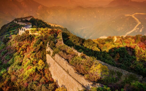 Great Wall Of China winding through colorful autumn forest on mountainside