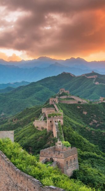 Ancient Great Wall Of China stretching over lush green hills during sunset sky