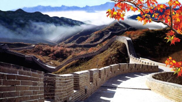 The Great Wall of China winding through autumn mountains with colorful leaves in HD quality