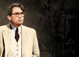 Colorful vintage film character wearing glasses and beige suit standing outdoors at dusk.