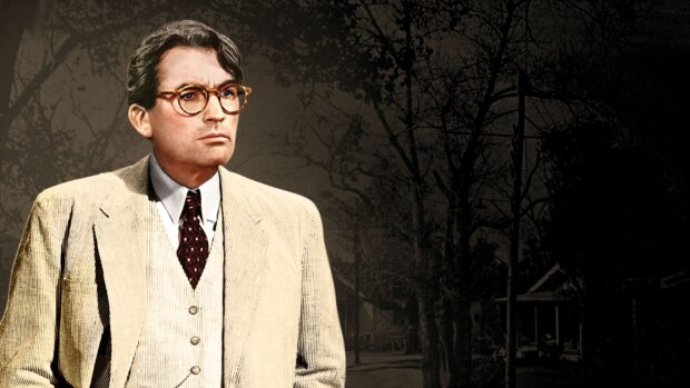 Gregory Peck stands in a vintage suit with glasses in a dark street scene, 4K Desktop Wallpaper
