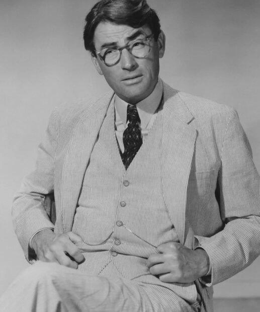 Gregory Peck is sitting wearing a striped suit and glasses, HD Mobile Wallpaper