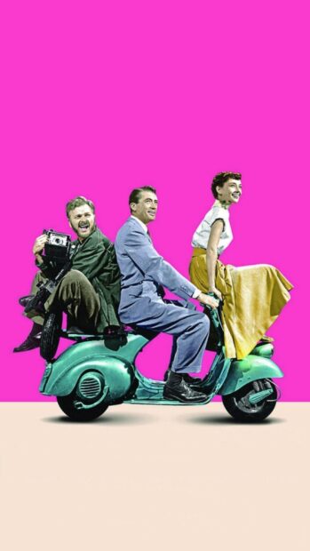 Gregory Peck and companions riding a turquoise scooter against a vibrant pink background, 2K Phone Wallpaper