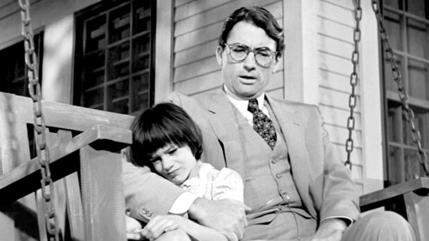 Gregory Peck comforting a child while sitting on a porch swing, HD Desktop Wallpaper