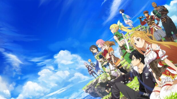 The main Sword Art Online characters are standing on a cliff looking at the bright blue sky, HD Desktop Wallpaper