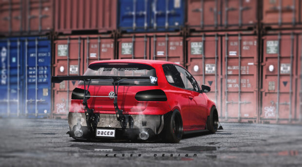 Red Volkswagen Gti with custom racing modifications parked in front of shipping containers