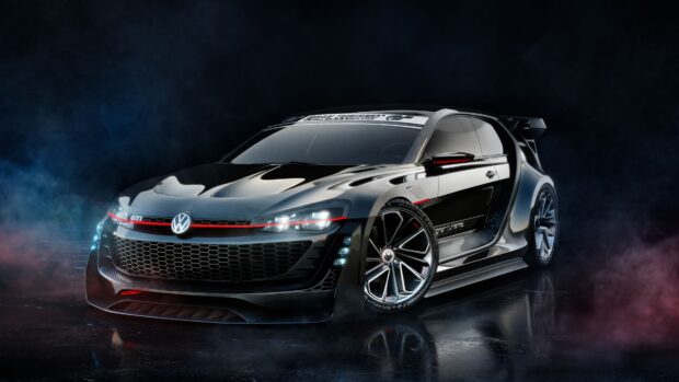 A sleek black Volkswagen Gti car with red accents and detailed design in a dark smoky setting