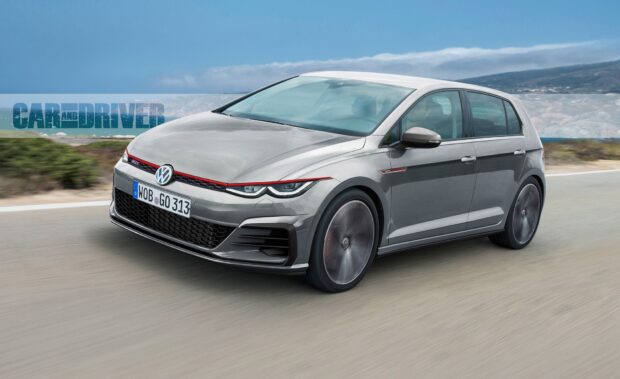 Silver Gti car driving fast on coastal road