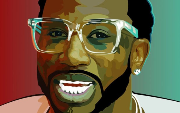 Digital art of Gucci Mane smiling with transparent glasses and diamond earring