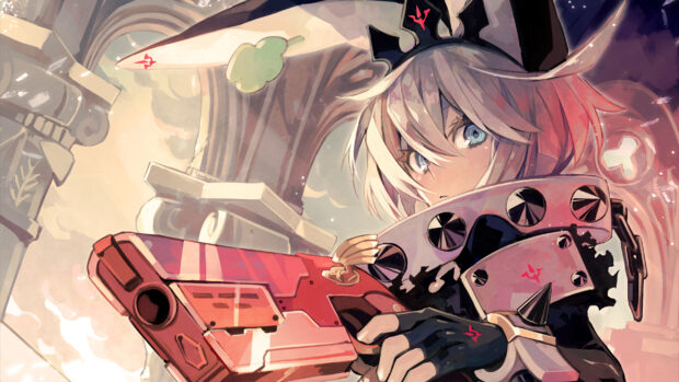 Guilty Gear character holding a large red weapon in a detailed fantasy setting