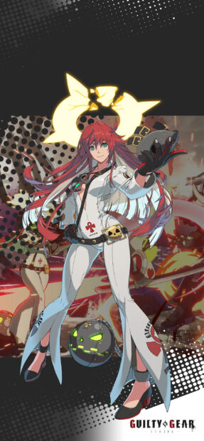 A Guilty Gear character with red hair in a white outfit posing with a glowing weapon and mechanical pumpkin ball