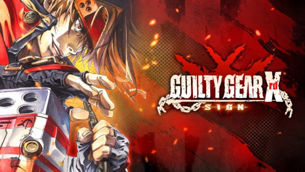 Guilty Gear character holding a metal device in an action pose on a fiery background