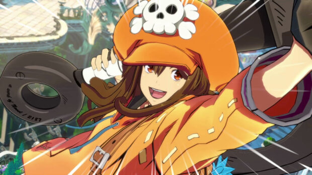 Happy Guilty Gear character wearing an orange hat with a skull symbol in an action pose