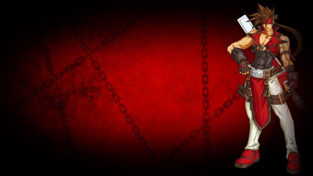 Sol Badguy character from Guilty Gear standing against a red background with dark chains design