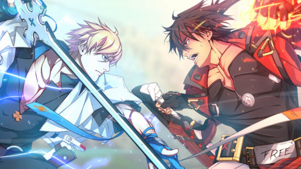 Two Guilty Gear characters battle with swords in an intense fight scene