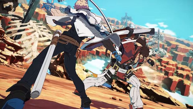 Two Guilty Gear characters fighting in a desert canyon scene