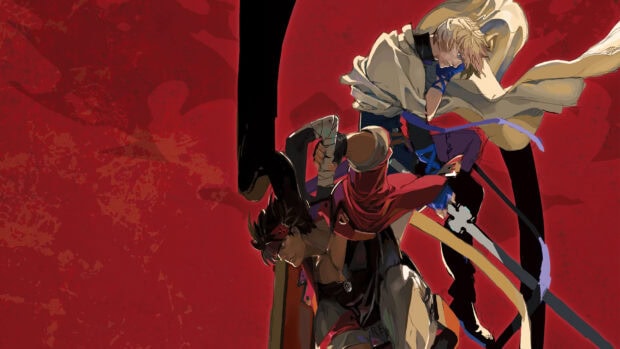 Two Guilty Gear characters in dynamic action pose on a red background