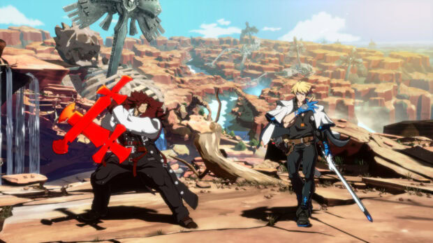 Two Guilty Gear characters standing in a rocky canyon landscape holding weapons