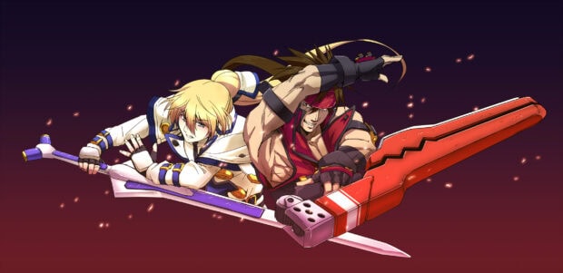 Two Guilty Gear characters wielding large weapons in dynamic battle poses on a dark background