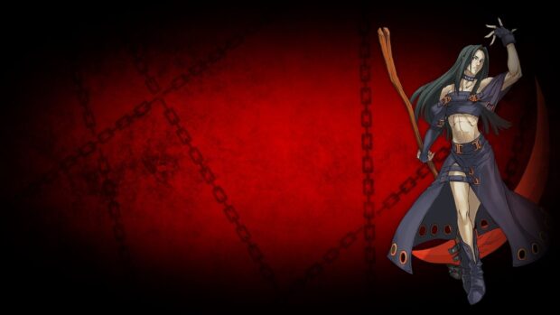A Guilty Gear character posing with a wooden staff on a red background with chains