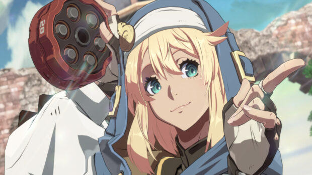 A Guilty Gear character with blonde hair wearing a blue hood and holding a revolver