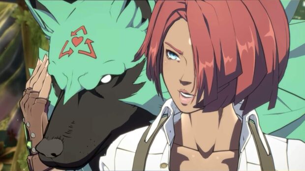 A Guilty Gear character with red hair stands next to a large green wolf with a red heart symbol on its forehead